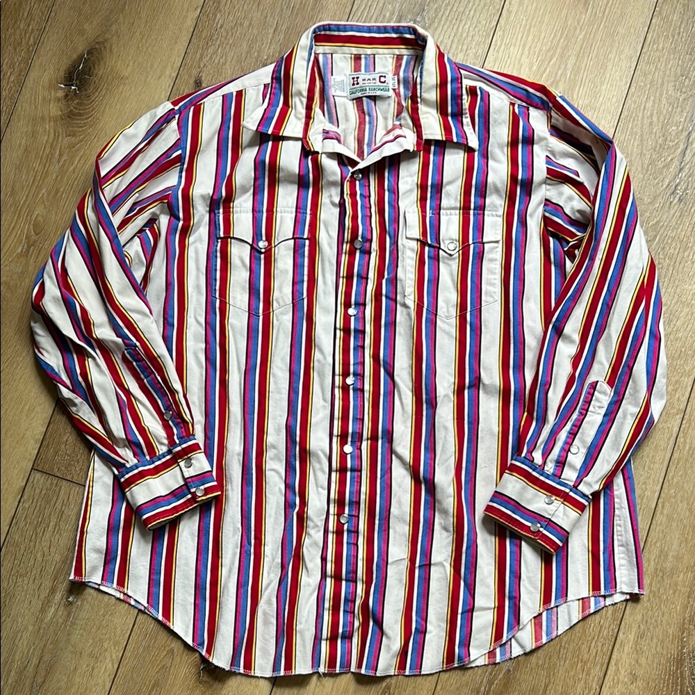 Vtg H Bar C Ranchwear Pearl Snap Down Long Sleeve Striped Shirt Size 17 1/2 35